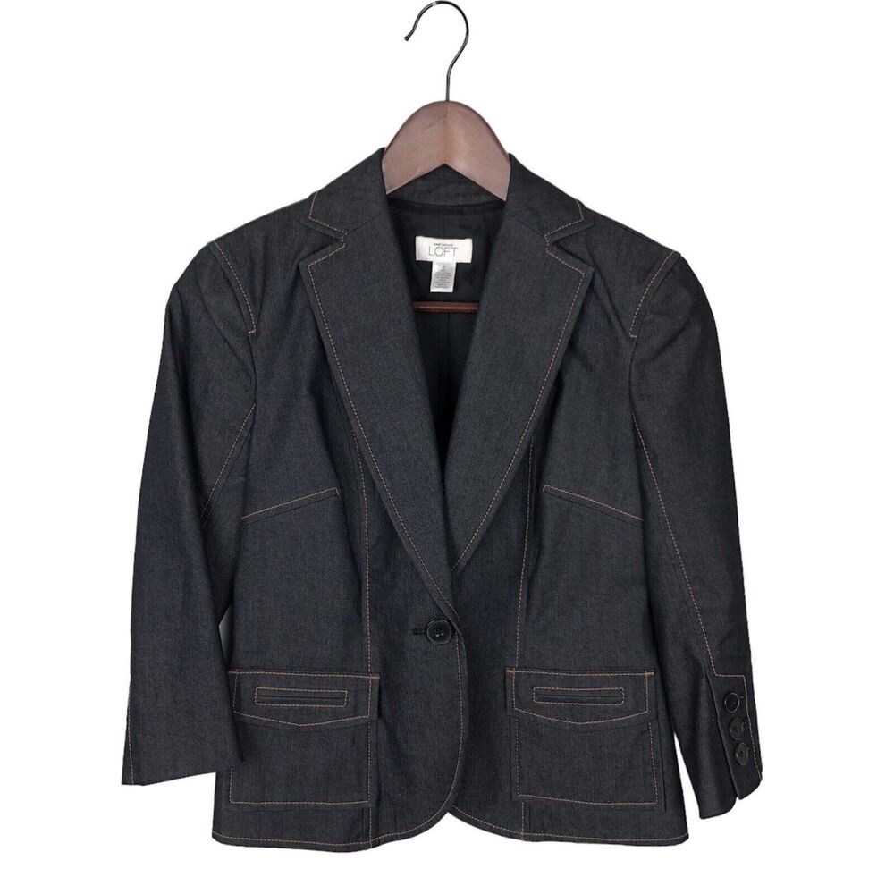 Ann Taylor Loft Dark Chambray Denim 3/4 Sleeve Blazer Jacket Women's Size 0